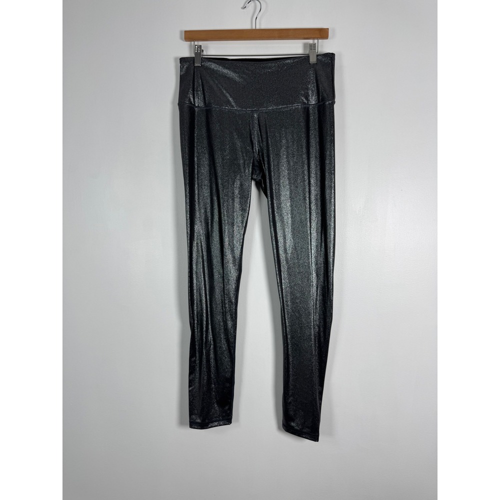 Metallic Victoria Sport Womens Large Long Knockout Leggings Black Silver Shimmer